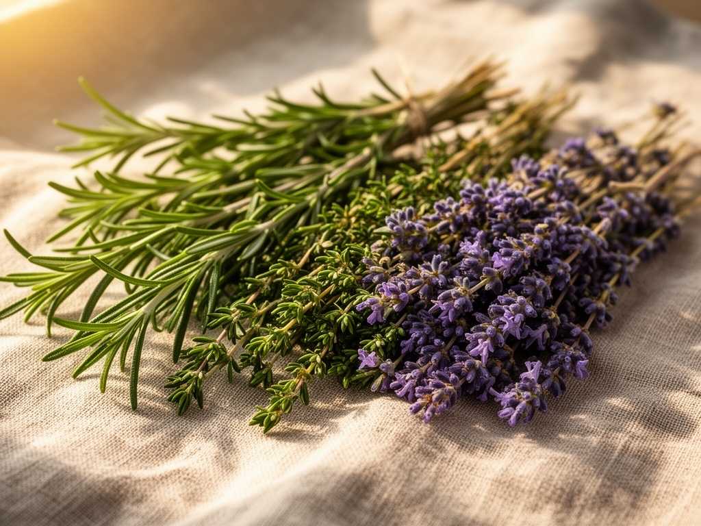 Närbild av torkade örter och kryddor i naturliga neutrala toner – rosmarin, timjan och lavendel arrangerade på ett naturligt linnetyg med varmt solljus som belyser texturen