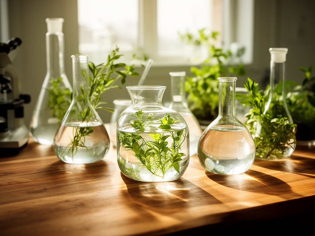 Stämningsfull laboratoriemiljö med glaskolvar fyllda med klart vatten och grönska, mjukt naturligt ljus flödar in genom fönstret och kastar varma skuggor på träbordsskivan