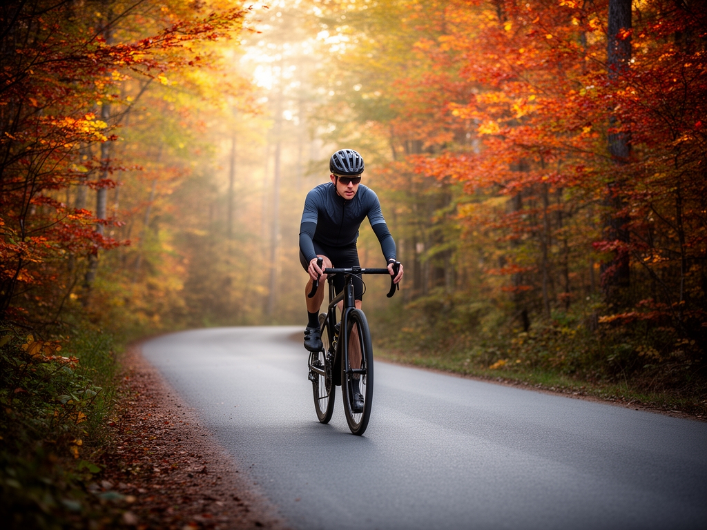 Utomhuscyklist i naturmiljö längs en skogsväg omgiven av lövverk i höstfärger, tidigt morgonljus, fokus på rörelse och naturupplevelse snarare än prestation